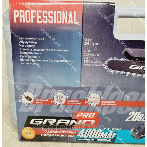 Шина 20см. Аккумуляторная цепная пила GRAND АПЦ-20V/8-4